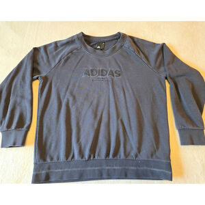 Sz XL ADIDAS Navy Garment-Dyed Crewneck Front Back Logos Long-Sleeve Sweatshirt